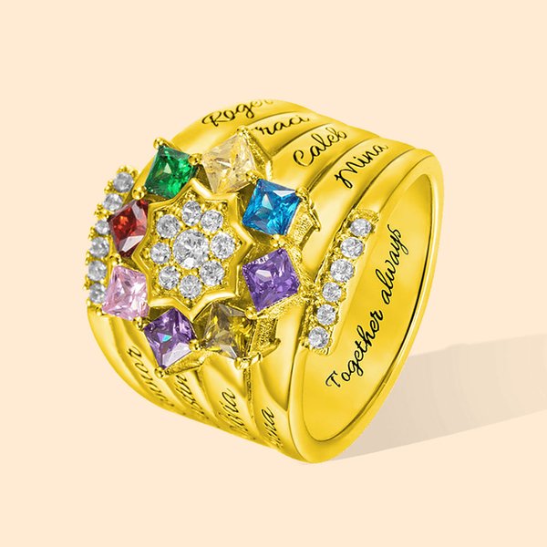 9 Square Birthstone Ring Engraved Name Family Sterling Silver