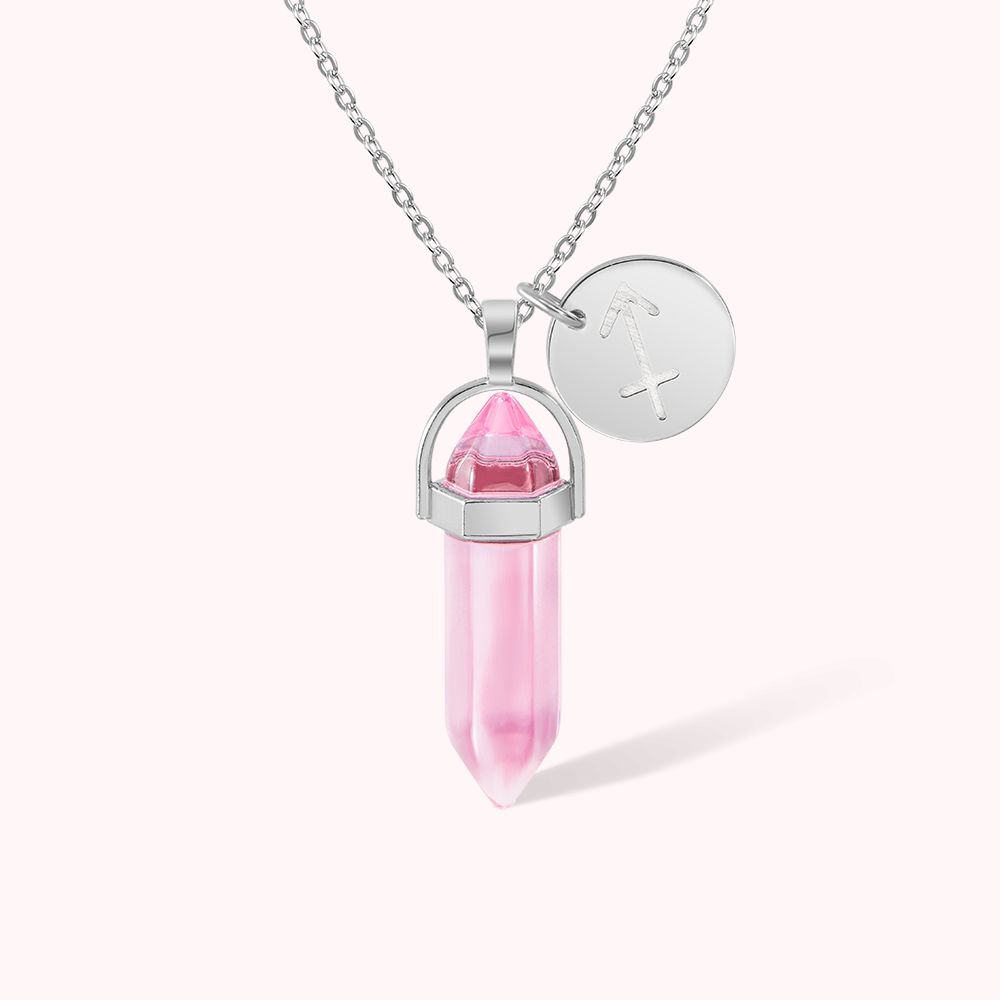 Collier Personnalisé avec Signe Astrologique Gravé Pendentif en Quartz Guérison pour Femme Cadeau Anniversaire