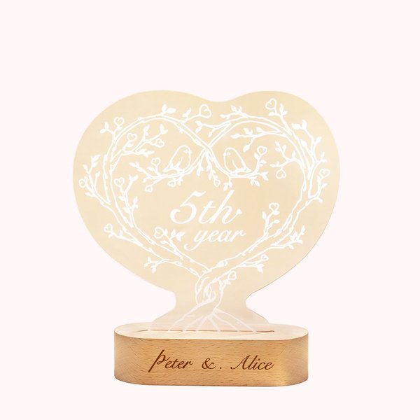 Socle en Bois Cœur Veilleuse à LED Cadeau d'Anniversaire