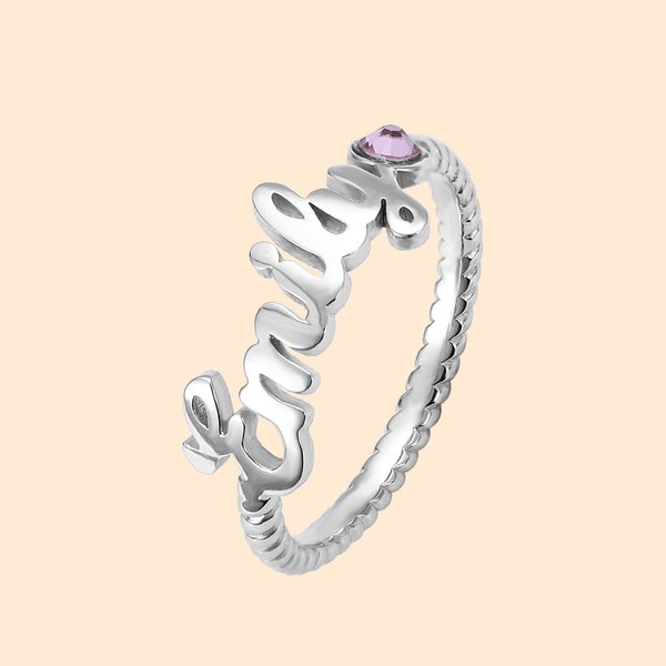 Anello con nome di pietra di nascita e fascia di corda - Callie