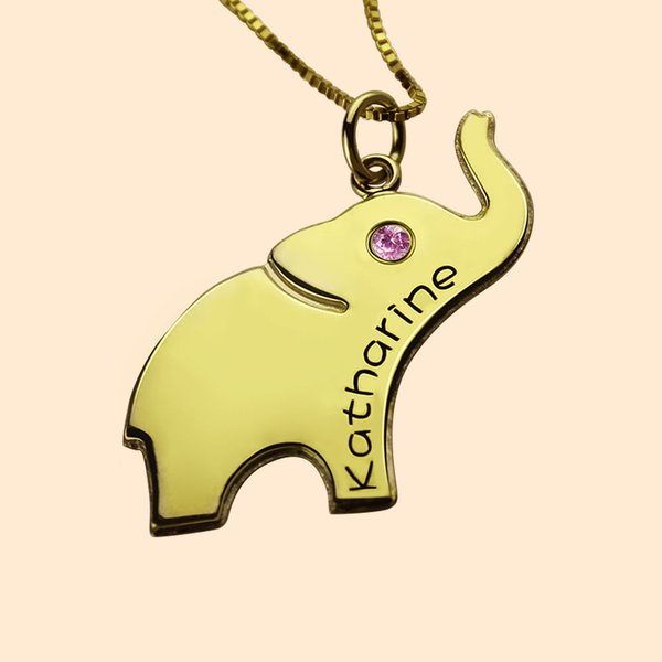 Good Luck Birthstone Elephant Name Necklace