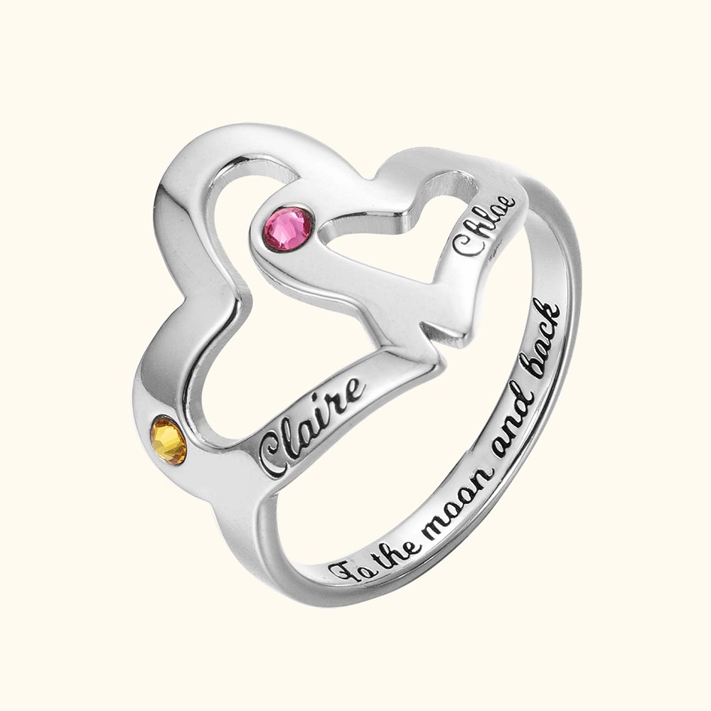 Bague de Coeur Personnalisée avec 2 Prénoms et Pierres de Naissance Cadeau Anniversaire Fête pour Femme