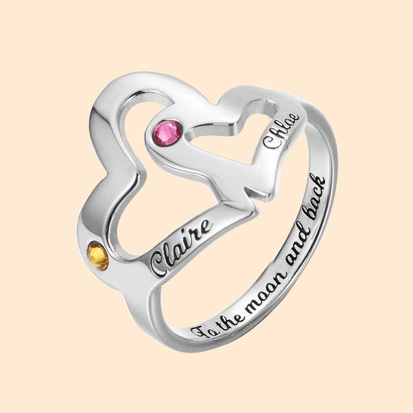 Bague de Coeur Personnalisée avec 2 Prénoms et Pierres de Naissance Cadeau Anniversaire Fête pour Femme