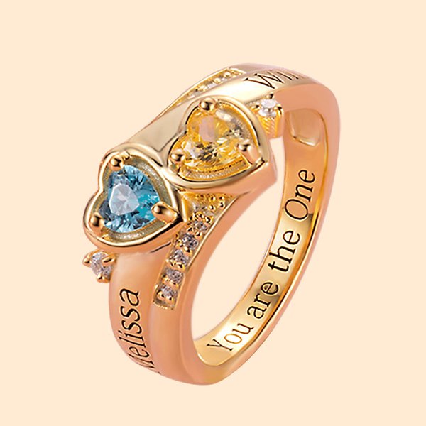 2 Hart Ring voor vrouwen met namen & geboortestenen