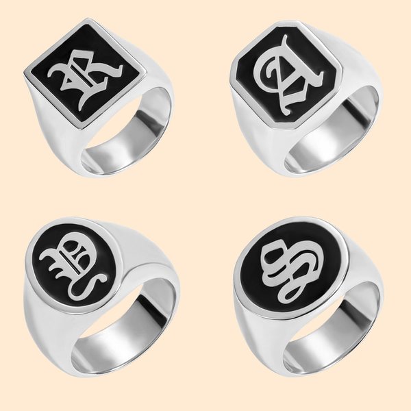 Personalised Old English Gothic Vintage Initial Signet Sterling Silver Ring Gift for Woman Man
