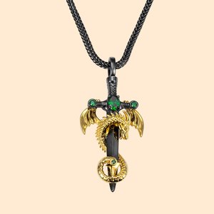Personalisierte Wing Dragon Wrapped Sword Halskette mit Birthstone Gothic Cross Anhänger Schmuck Geburtstagsgeschenk für Rock Punk Liebhaber