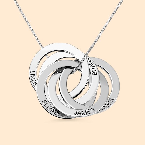 Personalizado Collar de Plata de Ley con 2-5 Anillos Rusos Entrelazados y Nombre Grabado Día de la Madre Cumpleaños Regalo para Familias