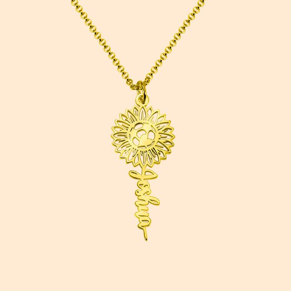 Collier Écriture Prénom Vertical Personnalisé Pendentif Balle Fleur Tournesol Cadeau pour Femme Amoureux de Sport