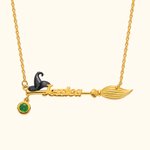 Personalized Black Cat Wizard Hat Halloween Broom Name Necklace with Birthstone Happy Halloween Birthday Gift for Women