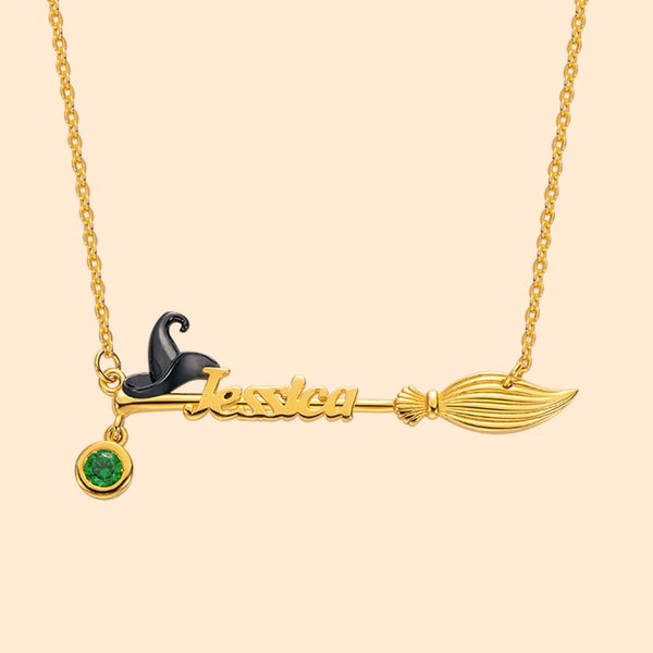 Personalizado Negro Gato Mago Sombrero de Halloween Escoba Nombre Collar con Piedra de Nacimiento Feliz Halloween Cumpleaños Regalo para Mujeres