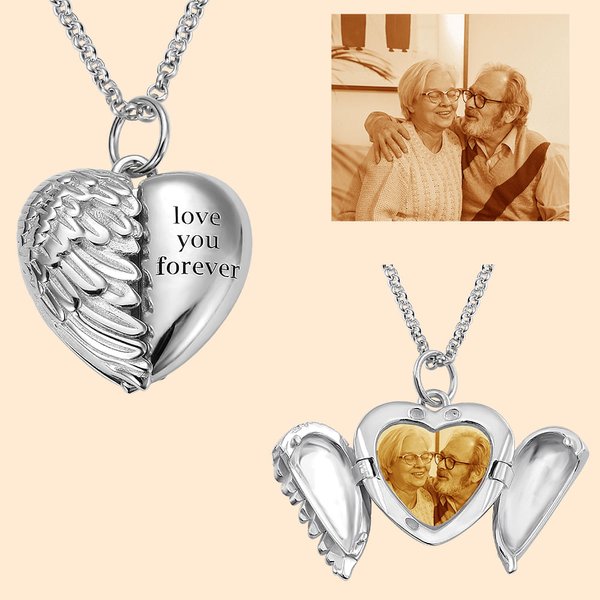 Collana personalizzata con medaglione a forma di cuore con ali d'angelo