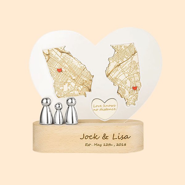 Map Night Lamp with Engraved Text LDR Couples Gift