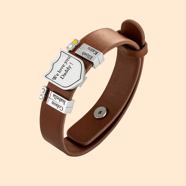 Pulsera de cuero con escudo para hombre con 1-20 nombres