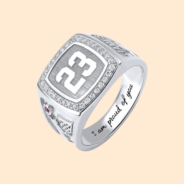 Personalisierte gravierte Sterling Silber Basketball Birthstone Ring mit Namen & Nummer Vatertag Geburtstag Geschenk für Vater Sportliebhaber