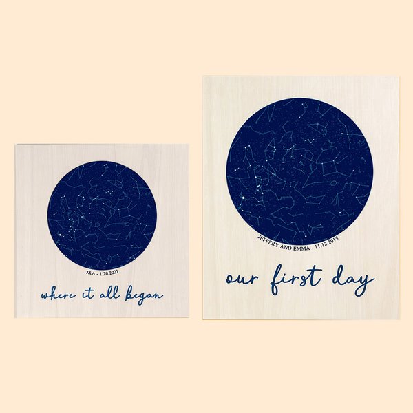 Night Sky Constellation Wood Print with Date & Names
