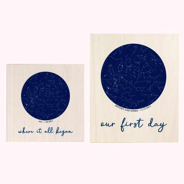 Night Sky Constellation Wood Print with Date & Names