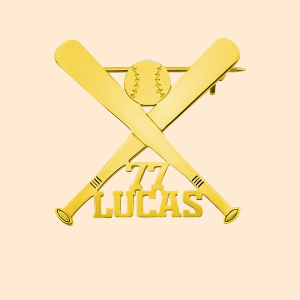Spilla a forma di mazza da baseball con numero e nome