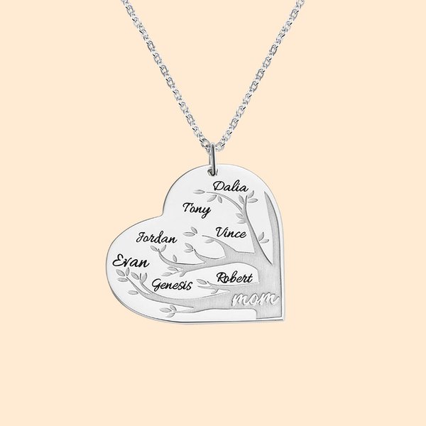 Personalisierte Lebensbaum Namenskette in Herzform Gravur Geschenk für Oma Mama Familie zum Muttertag Geburtstag