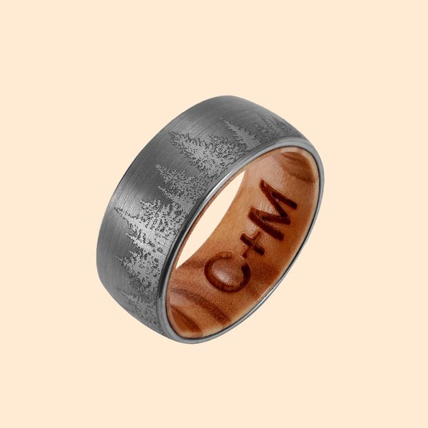 Engraved Mens Wood Promise Band with Nature Tree
