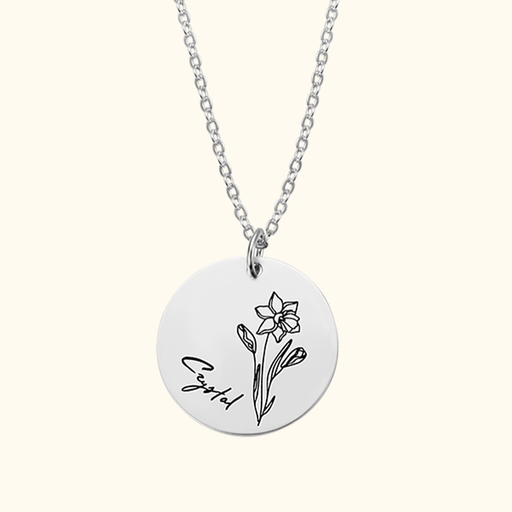 Collier avec Prénom et Fleur de Naissance Personnalisés Pendentif Gravé en Cercle Cadeau d'Anniversaire St Valentin Pour Elle