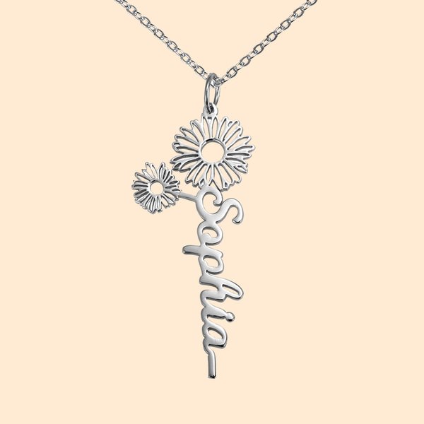 Collier Personnalisé avec Prénom Vertical et Fleur de Naissance Cadeau Fête des Mères pour Femme