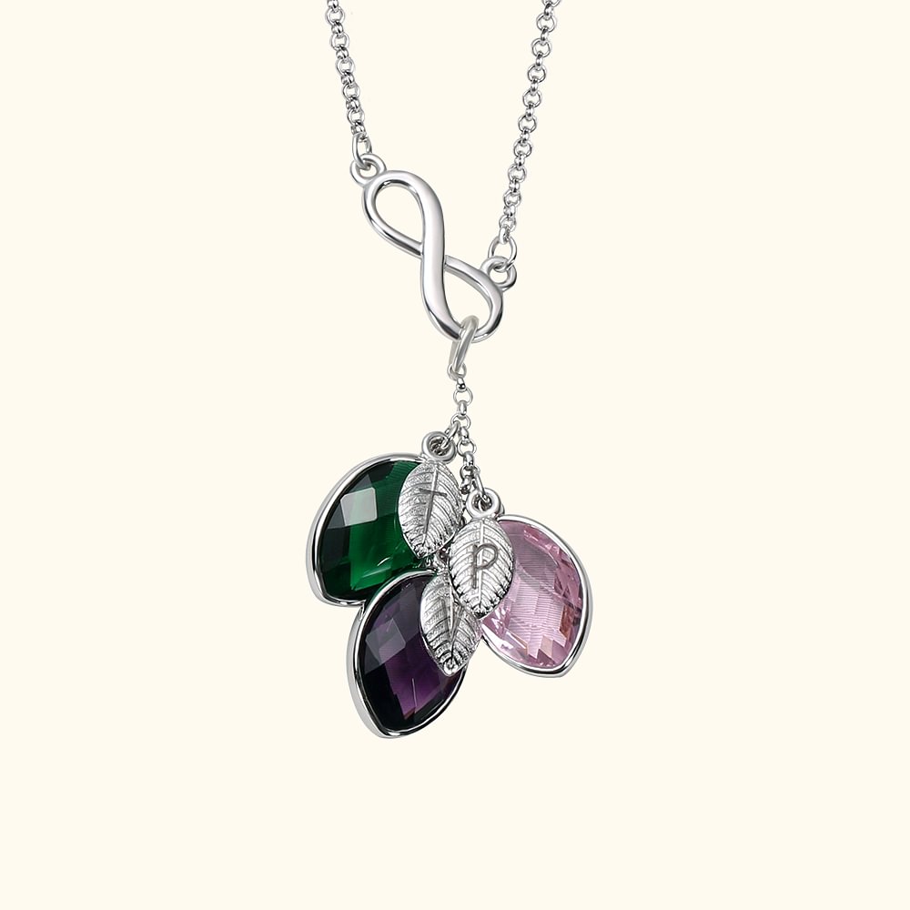 Collier Personnalisé avec Initiales de l'Enfant et Pierres de Naissance en Feuille Chaîne avec Signe d'Infini Cadeau Fête des Mères pour Femme Maman