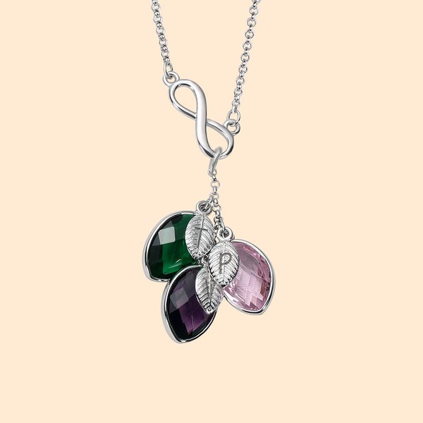 Collier Personnalisé avec Initiales de l'Enfant et Pierres de Naissance en Feuille Chaîne avec Signe d'Infini Cadeau Fête des Mères pour Femme Maman