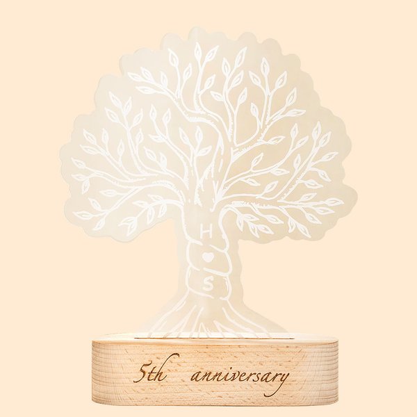 Veilleuse LED arbre d'amour personnalisée avec base en bois et texte Cadeau d'anniversaire de mariage pour couple
