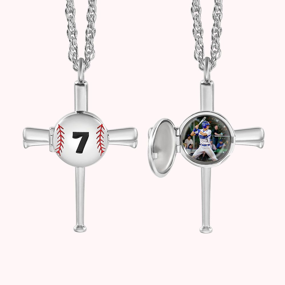 Médaillon de Photo Collier Personnalisé Pendentif en Croix de Batte Baseball Cadeau pour Amateur de Baseball