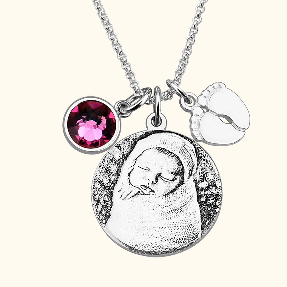 Collier Personnalisé avec Photo Prénom Gravé Pied Bébe Pierre de Naissance Cadeau Fête des Mères pour Nouvelle Maman