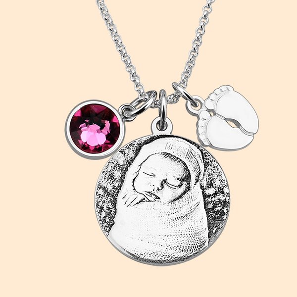 Gepersonaliseerde Geboortesteen Foto Sterling Zilveren Ketting met Pootjes en Gegraveerde Naam Moederdag Cadeau voor Nieuwe Moeder