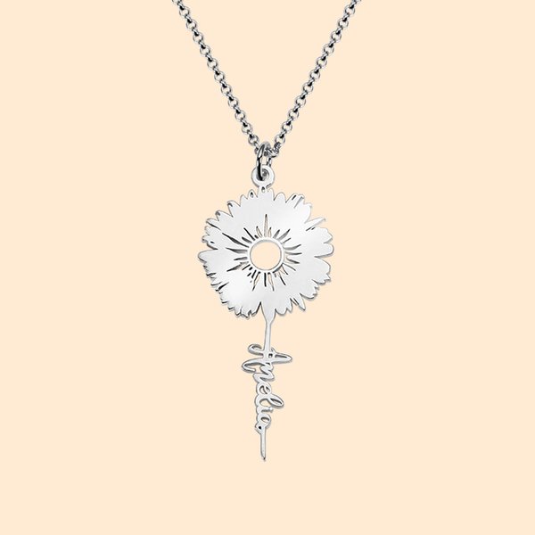 Collier avec Prénom Vertical Personnalisé Collier en Chrysanthème Soleil Croyance Cadeau de Noël Anniversaire Saint-Valentin pour Elle