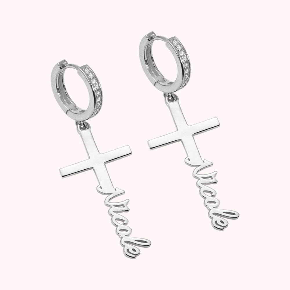 Boucles d'Oreilles Prénom Pendantes en Forme de Croix Personnalisée pour Hommes & Femmes