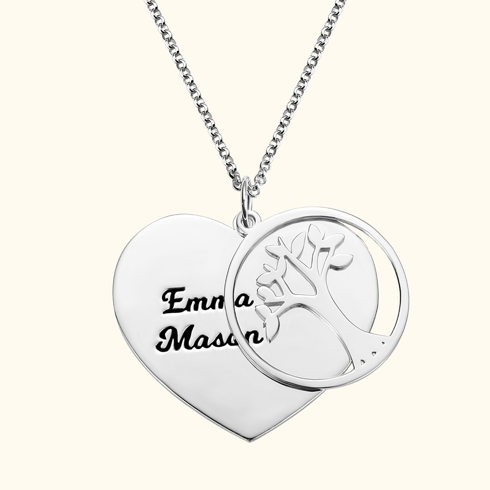 Collier de Cœur Gravé Personnalisé avec 1-13 Prénoms Pendentif Cœur et Arbre Généalogique Cadeau pour Maman Grand-Mère