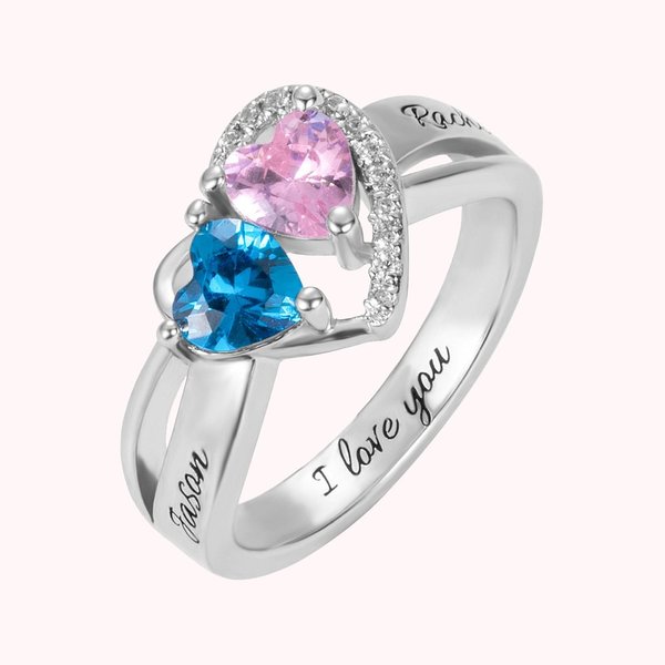 Anillo de Promesa Personalizado con Doble Corazón y Piedra de Nacimiento con Texto Grabado Regalo de San Valentín para Ella