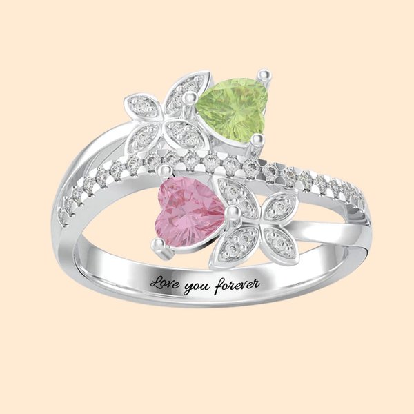 Bague Papillon Personnalisée avec 2 Pierres de Naissance et Gravure Intérieure Bague en Argent pour Femme Cadeau Anniversaire Fête des Mères