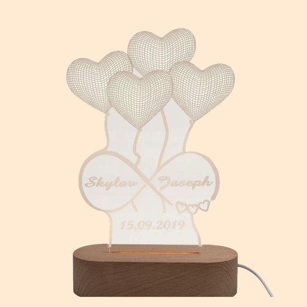 Personalisiertes 3D Herzförmiges Luftballons LED-Nachtlicht mit Namen Datum und Holzsockel Hausedeko Valentinstag Geburtstag Geschenk für Paar