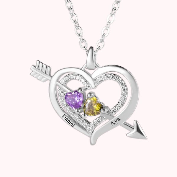 Personalized Cupid's Arrow Heart Necklace with 2 Birthstones & Names Valentine's Day Couple Gift for Women