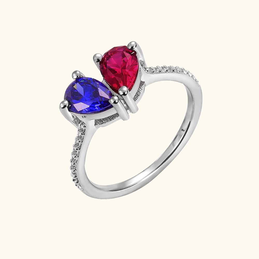 Bague de Cœur Personnalisée 2 Pierres de Naissance en Forme de Goutte Thème Moi et Toi Cadeau Anniversaire Fête pour Femme