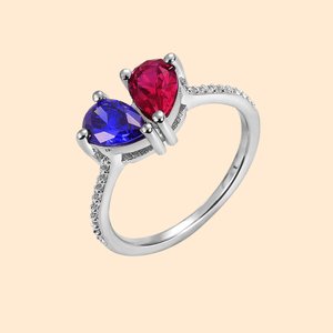 Bague de Cœur Personnalisée 2 Pierres de Naissance en Forme de Goutte Thème Moi et Toi Cadeau Anniversaire Fête pour Femme