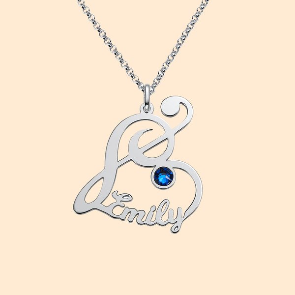 Pendentif Coeur Personnalisé avec Nom Collier en Notes de Musique à Clef de Sol avec Pierre de Naissance Cadeau Anniversaire Fête des Mères pour Femme