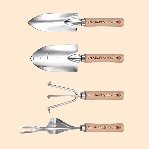 Personlig uppsättning med 4 trädgårdsredskap i rostfritt stål med graverad text Trähandtag Mors dag Fars dag Present till trädgårdsmästare