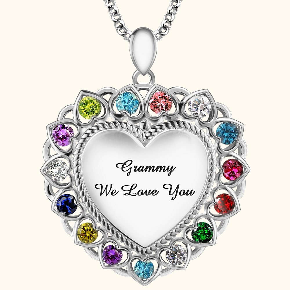 Collier de Famille Personnalisé avec 1-15 Pierre de Naissance et Texte Gravé sur Pendentif en Coeur Collier en Argent Gravure Cadeau Fête des Mères