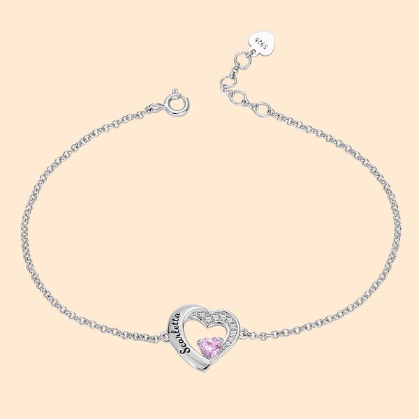 Bracelet en Forme de Cœur Personnalisé avec Pierre de Naissance et Nom Cadeau d'Anniversaire pour Femme