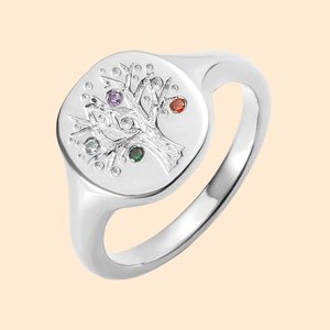 Bague chevalière en argent sterling personnalisée avec 1-8 pierres de naissance dans arbre généalogique - Cadeau anniversaire fête de Mère pour maman