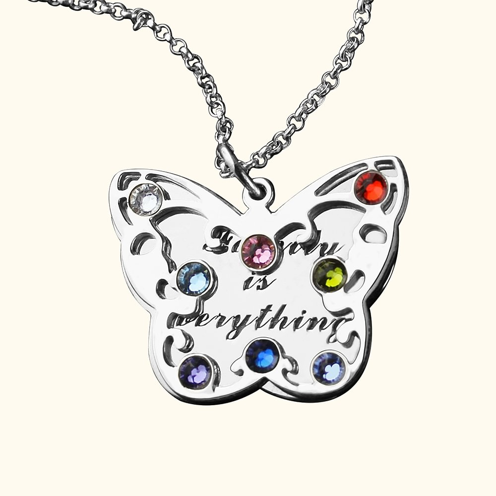 Collier Mère Papillon Gravé Pierres de Naissance d'Enfant en Argent Sterling