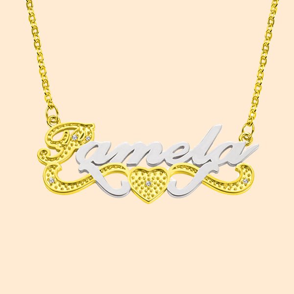 Double Plate Diamond Name Necklace Two Tone