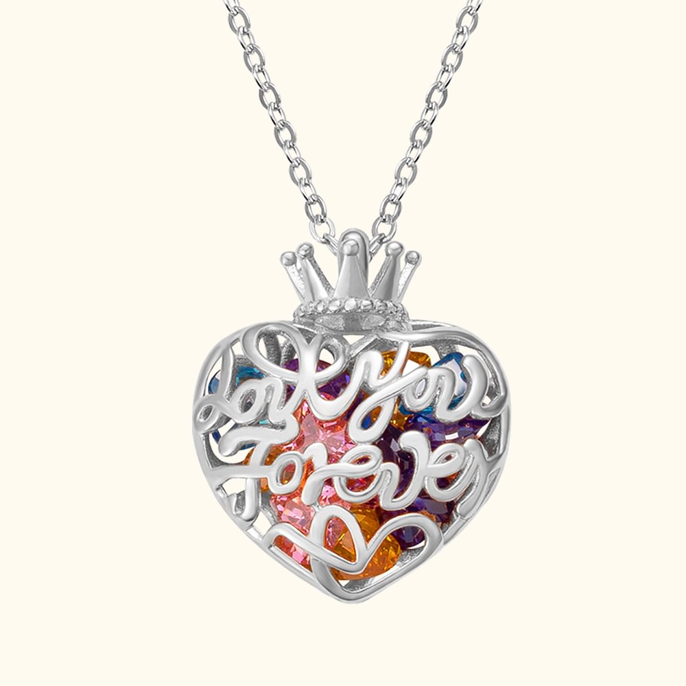 Collier Personnalisé avec Pierre de Naissance Pendentif de Cage en Coeur à Couronne Cadeau Anniversaire Fête des Mères pour Femme