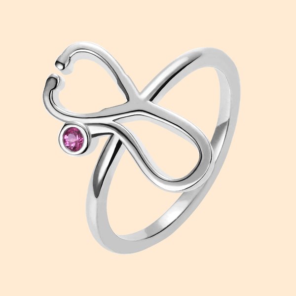 Anello in argento sterling con pietra di nascita personalizzato con disegno dello stetoscopio Regalo per la settimana dell'infermiere per il personale