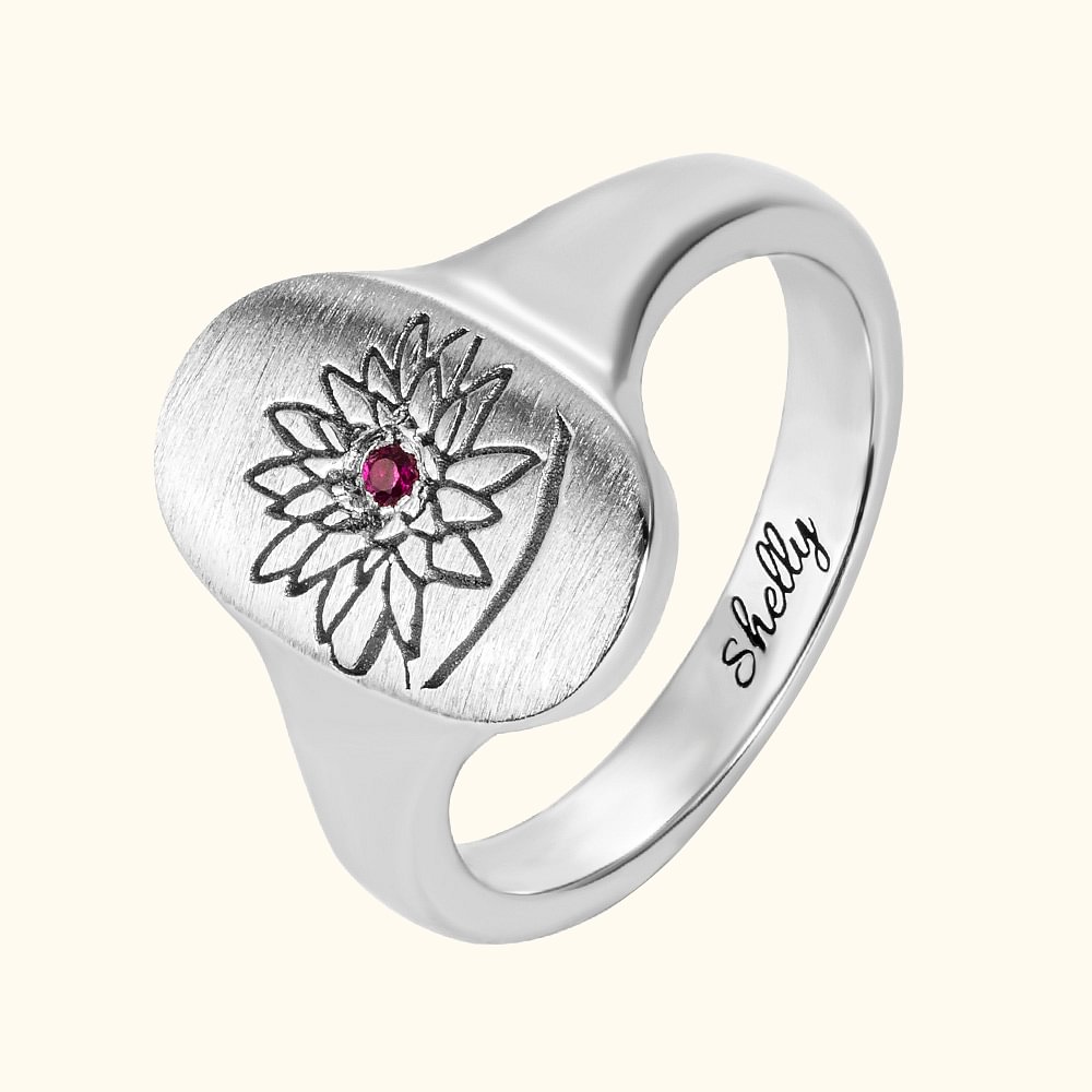 Bague Fleur de Naissance & Pierre de Naissance Gravée Personnalisée Cadeau d'Anniversaire pour Femmes